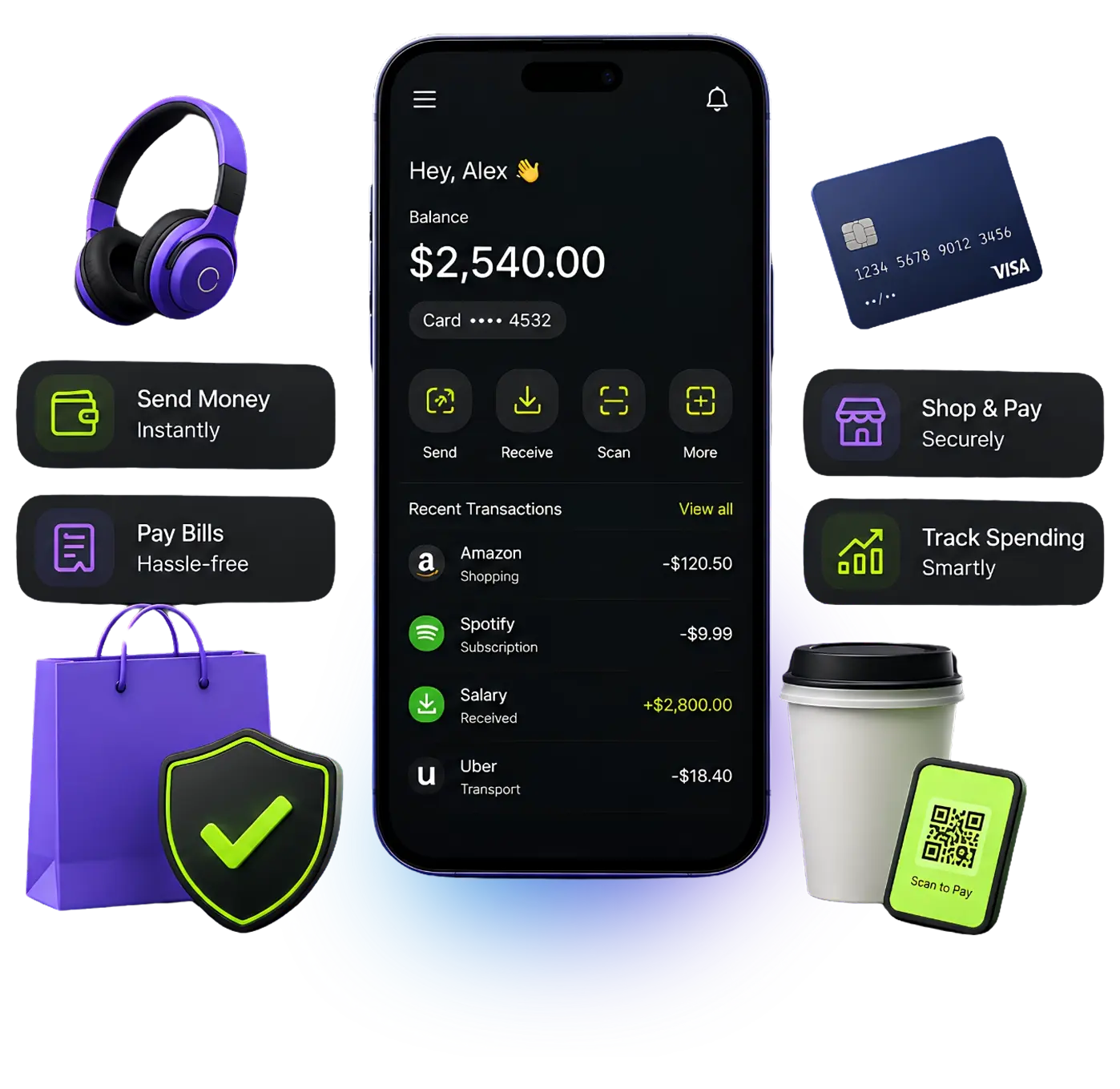 Dhumi digital payment app showing balance, money transfers, bill payments, secure shopping, spending tracking, and recent transactions.