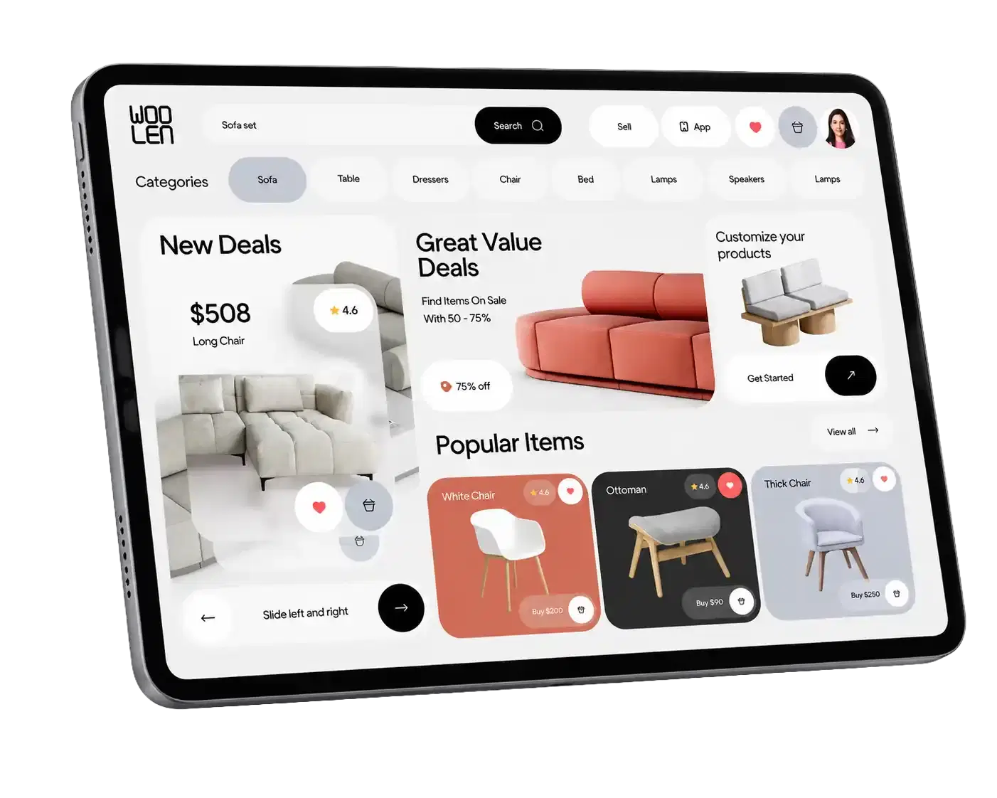 Dhumi e-commerce platform displayed on a tablet, featuring furniture deals, product categories, and customizable shopping options.